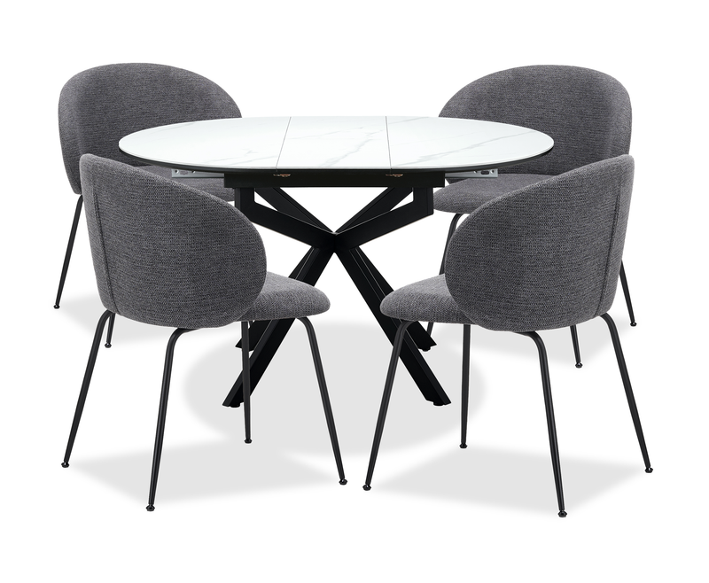 Ensemble de salle à manger Evita 5 pièces en pierre frittée avec table ronde de 41 po à 54 po (L) avec rallonge et 4 chaises grises - gris et noir 