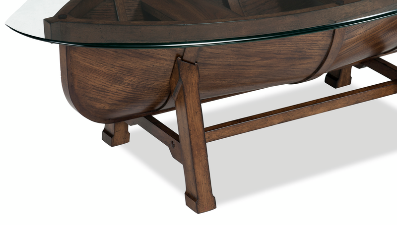 Table à café éclectique Hatfield de 52 po avec dessus en verre et base de style canoë - chêne foncé