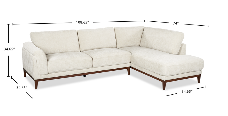 Sofa sectionnel de droite Horizon 2 pièces en tissu avec base et pattes en bois - pierre
