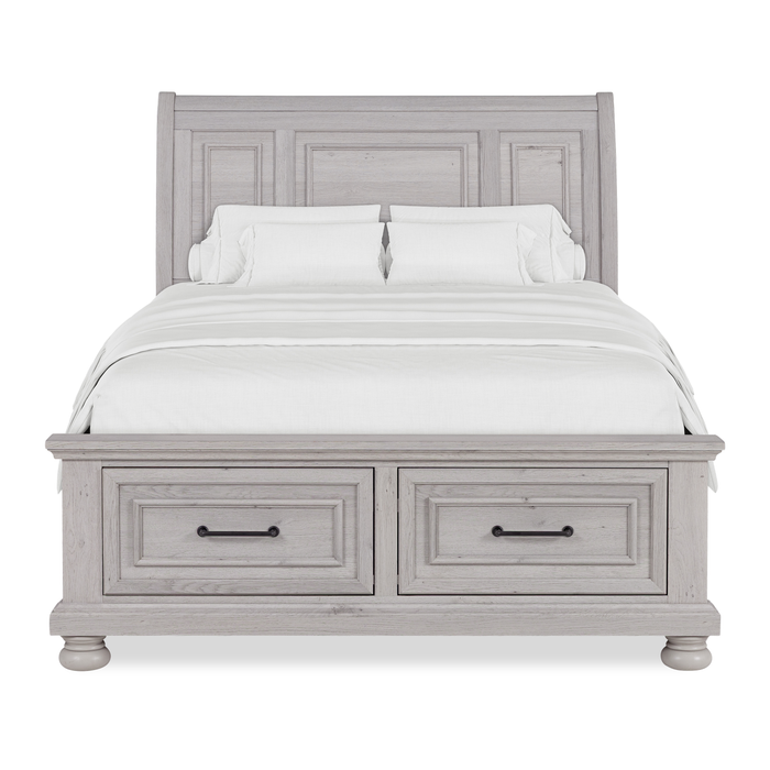 Ensemble de chambre à coucher Kylie 6 pièces sable avec lit de rangement, commode, miroir et table de nuit - format lit double
