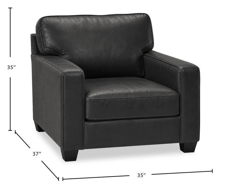 Fauteuil d’appoint Lennox de 35 po fabriqué au Canada en cuir véritable avec coussins amovibles - noir