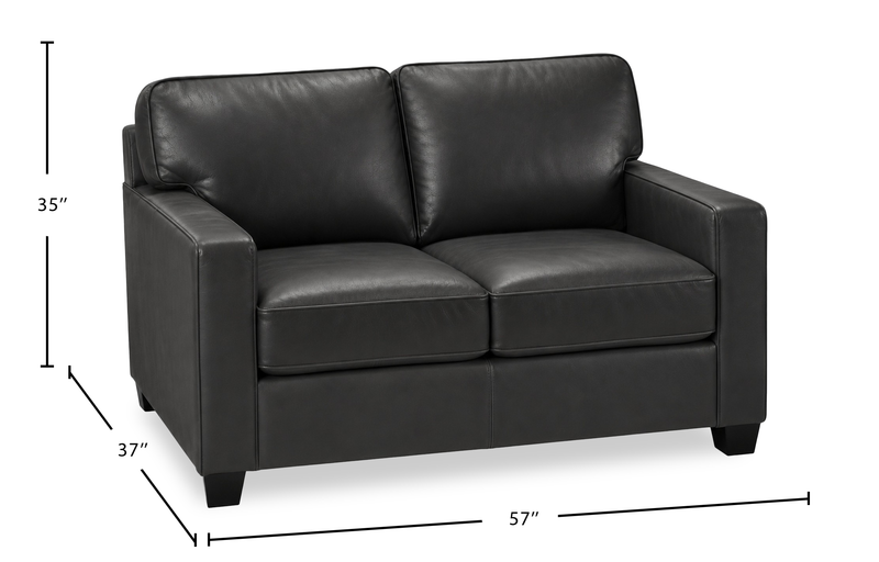 Causeuse Lennox de 57 po fabriquée au Canada en cuir véritable avec coussins amovibles - noire