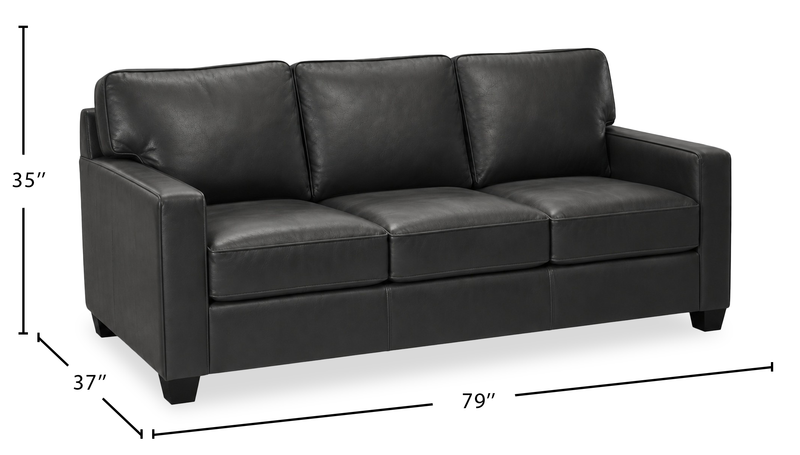 Sofa Lennox de 79 po fabriqué au Canada en cuir véritable avec coussins amovibles - noir