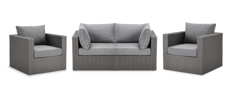 Ensemble Morris 4 pièces pour la terrasse à l’extérieur avec 2 fauteuils en coin et 2 fauteuils - osier en résine tressé à la main - gris