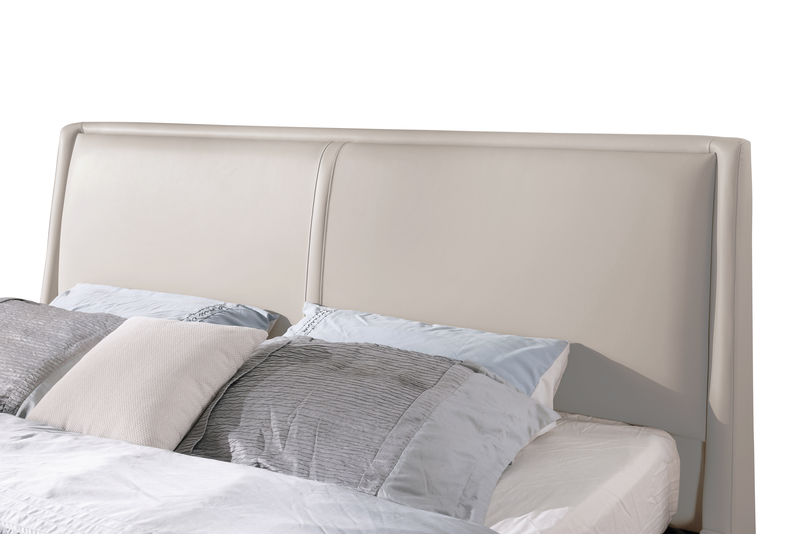 Lit plateforme rembourré Nico en tissu de cuir végétalien taupe avec rangement et levage hydraulique - format très grand lit