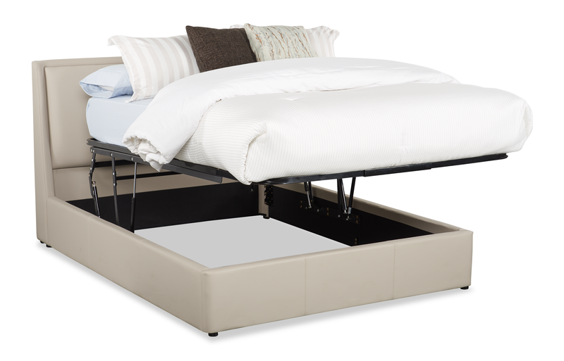 Lit plateforme rembourré Nico en tissu de cuir végétalien taupe avec rangement et levage hydraulique - format grand lit