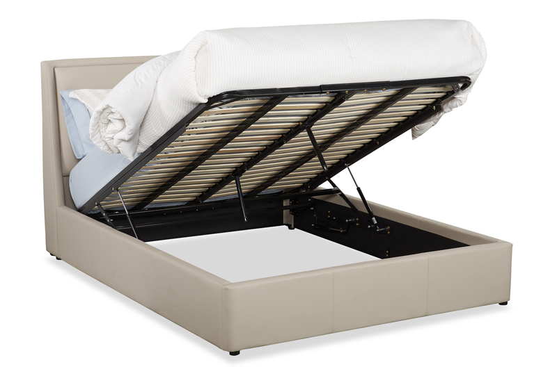 Lit plateforme rembourré Nico en tissu de cuir végétalien taupe avec rangement et levage hydraulique - format grand lit
