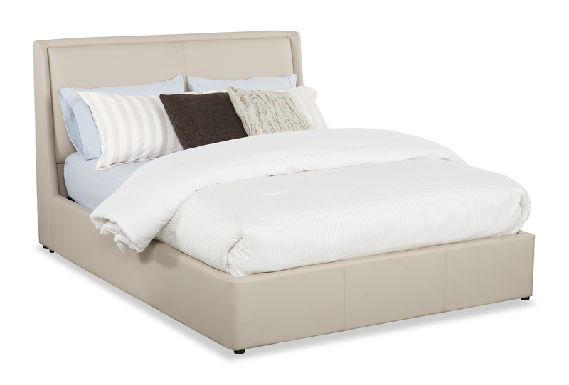 Lit plateforme rembourré Nico en tissu de cuir végétalien taupe avec rangement et levage hydraulique - format grand lit