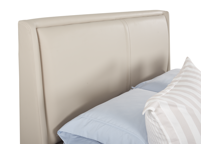 Lit plateforme rembourré Nico en tissu de cuir végétalien taupe avec rangement et levage hydraulique - format grand lit