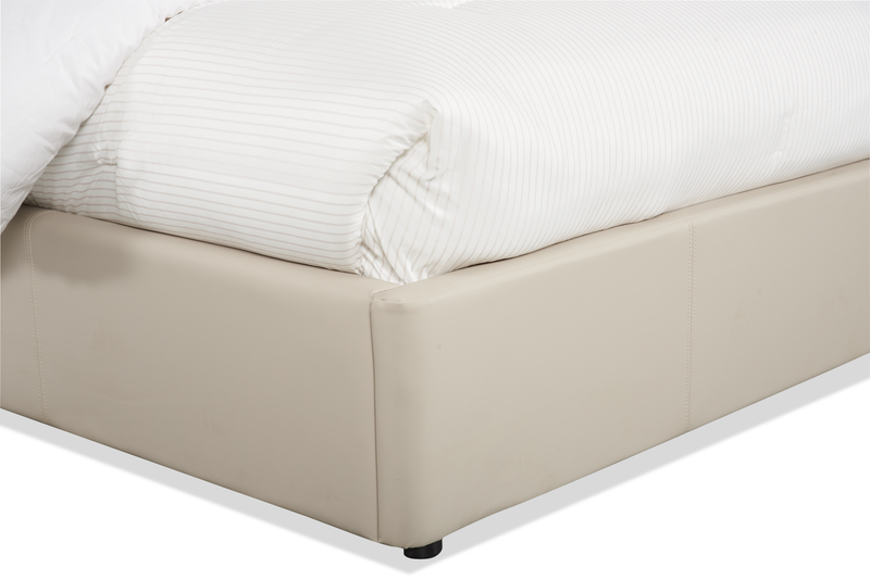 Lit plateforme rembourré Nico en tissu de cuir végétalien taupe avec rangement et levage hydraulique - format grand lit