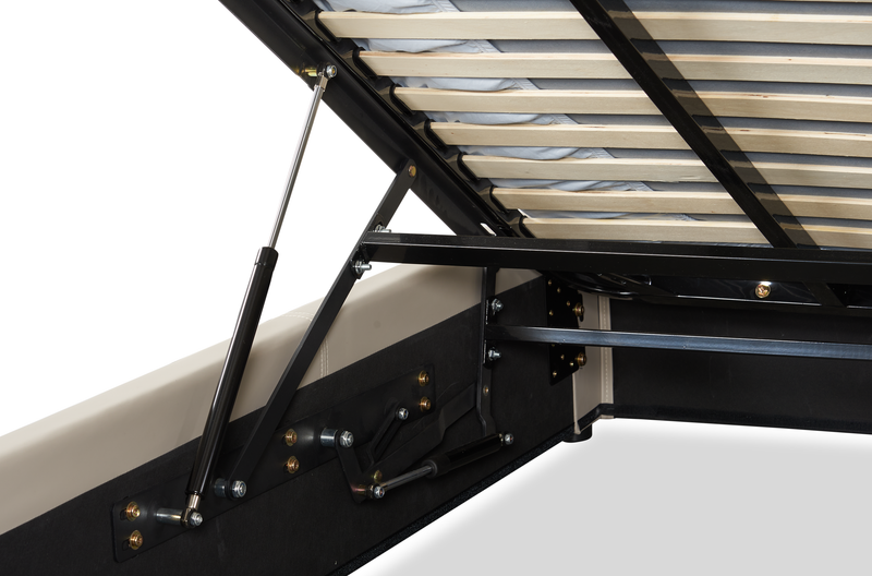 Lit plateforme rembourré Nico en tissu de cuir végétalien taupe avec rangement et levage hydraulique - format grand lit