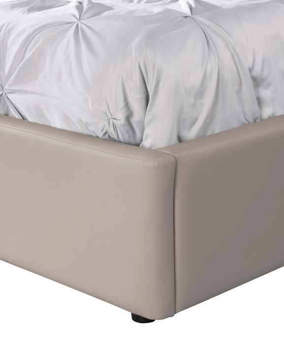 Lit plateforme rembourré Nico en tissu de cuir végétalien taupe avec rangement et levage hydraulique - format grand lit