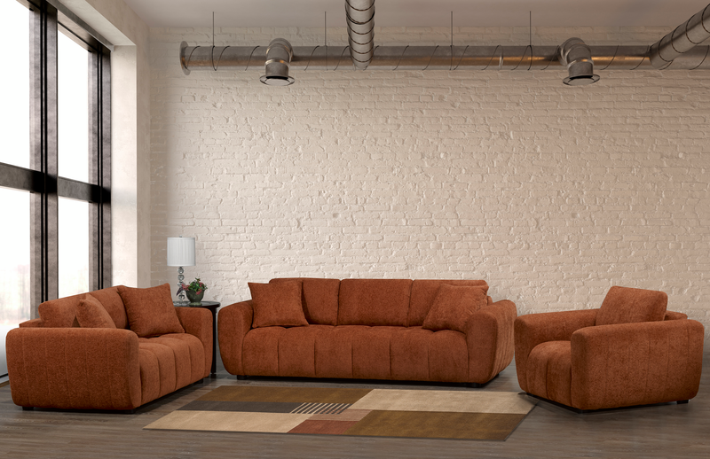 Sofa Pebble de 96 po fabriqué au Canada en tissu avec coussins décoratifs assortis - orange