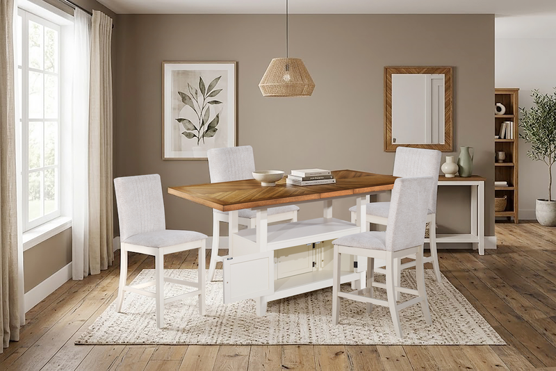 Ensemble de salle à manger Piper 5 pièces de hauteur comptoir avec table de 60 po à 72 po (L) avec rallonge, 4 chaises et rangement - blanc