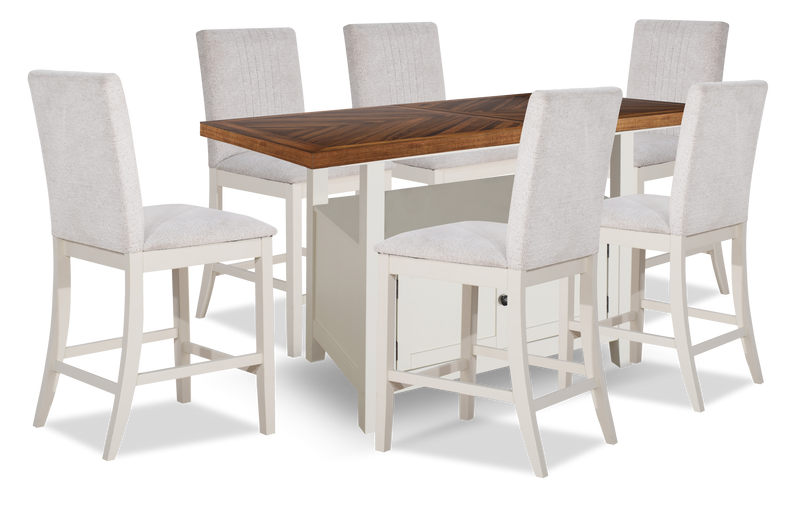 Ensemble de salle à manger Piper 7 pièces de hauteur comptoir avec table de 60 po à 72 po (L) avec rallonge, 6 chaises et rangement - blanc