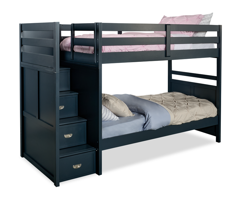 Lits superposés Quinn pour enfants avec commode escalier intégrée et garde-corps, bleus - simple et simple