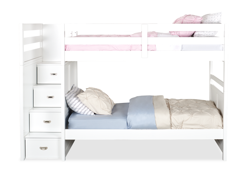 Lits superposés Quinn pour enfants avec commode escalier intégrée et garde-corps, blancs - simple et simple