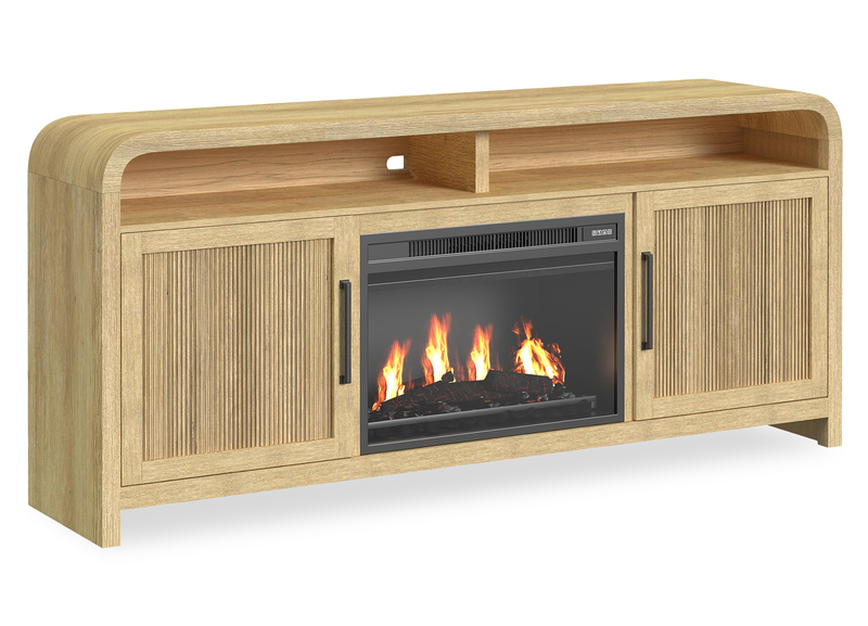 Meuble TV Ridgemont de 70 pouces avec foyer électrique et système de gestion des câbles – Convient aux téléviseurs jusqu'à 80 pouces – Pin naturel