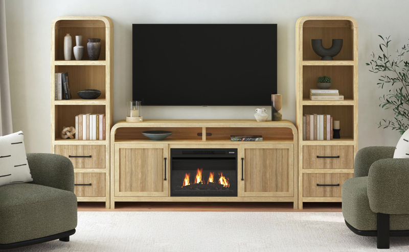 Meuble TV Ridgemont de 70 pouces avec foyer électrique et système de gestion des câbles – Convient aux téléviseurs jusqu'à 80 pouces – Pin naturel