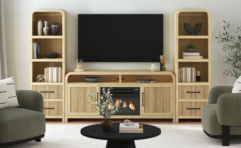 Meuble TV Ridgemont de 70 pouces avec foyer électrique et système de gestion des câbles – Convient aux téléviseurs jusqu'à 80 pouces – Pin naturel