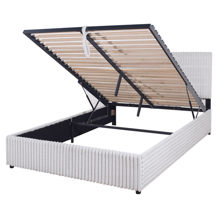 Lit plateforme rembourré Ridge en tissu gris avec rangement - format grand lit