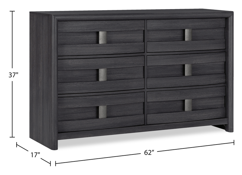 Commode de chambre à coucher Rocco de 62 po (L) x 37 po (H) à 6 tiroirs - gris foncé