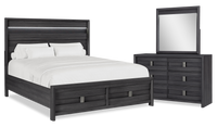 Ensemble de chambre à coucher Rocco 6 pièces avec lit de rangement illuminé à DEL, commode, miroir et table de nuit, brun clair - format très grand lit