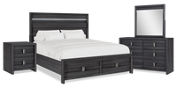 Ensemble de chambre à coucher Rocco 6 pièces avec lit de rangement à DEL, commode, miroir et table de nuit, gris foncé - format très grand lit