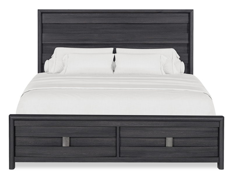 Ensemble de chambre à coucher Rocco 6 pièces avec lit de rangement à DEL, commode, miroir et table de nuit, gris foncé - format très grand lit