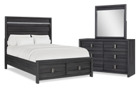  Ensemble de chambre à coucher Rocco 5 pièces avec lit de rangement illuminé à DEL, commode et miroir, gris foncé - format grand lit