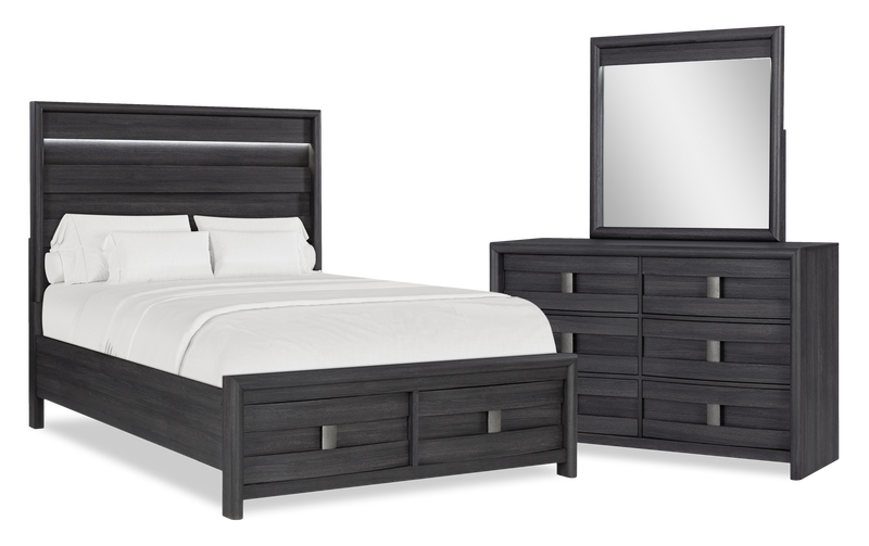 Ensemble de chambre à coucher Rocco 5 pièces avec lit de rangement illuminé à DEL, commode et miroir, gris foncé - format grand lit