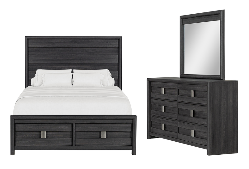 Ensemble de chambre à coucher Rocco 5 pièces avec lit de rangement illuminé à DEL, commode et miroir, gris foncé - format grand lit
