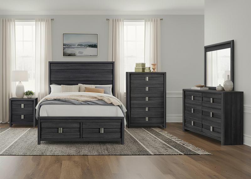Ensemble de chambre à coucher Rocco 5 pièces avec lit de rangement illuminé à DEL, commode et miroir, gris foncé - format grand lit