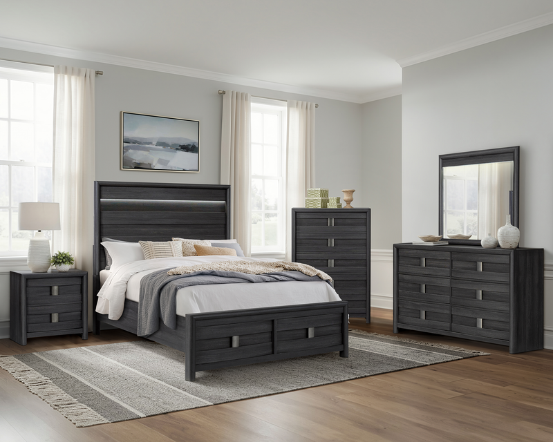 Ensemble de chambre à coucher Rocco 5 pièces avec lit de rangement illuminé à DEL, commode et miroir, gris foncé - format grand lit