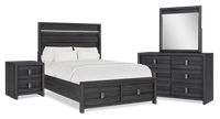  Ensemble de chambre à coucher Rocco 6 pièces avec lit de rangement illuminé à DEL, commode, miroir et table de nuit, gris foncé - format grand lit