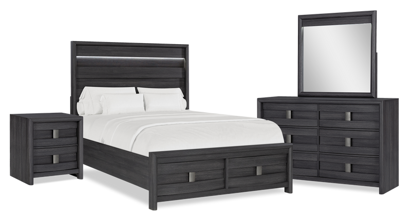 Ensemble de chambre à coucher Rocco 6 pièces avec lit de rangement illuminé à DEL, commode, miroir et table de nuit, gris foncé - format grand lit