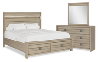 Ensemble de chambre à coucher Rocco 5 pièces avec lit de rangement illuminé à DEL, commode et miroir, brun clair - format très grand lit