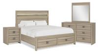 Ensemble de chambre à coucher Rocco 6 pièces avec lit de rangement à DEL, commode, miroir et table de nuit, brun clair - format très grand lit