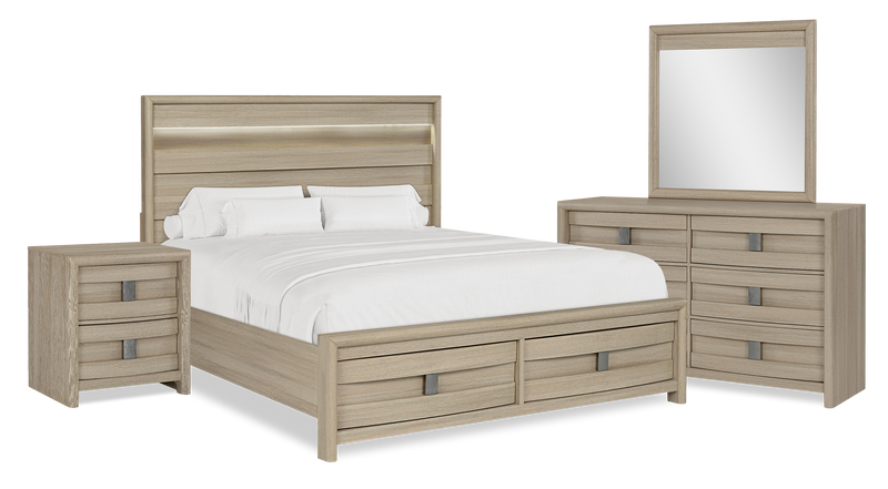 Ensemble de chambre à coucher Rocco 6 pièces avec lit de rangement à DEL, commode, miroir et table de nuit, brun clair - format très grand lit