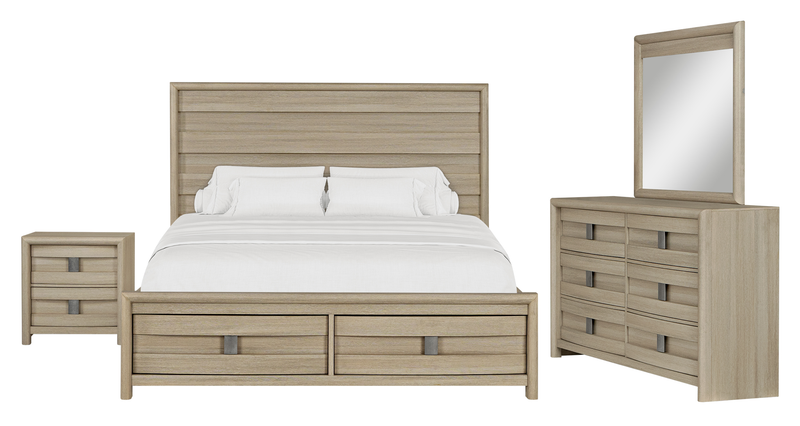 Ensemble de chambre à coucher Rocco 6 pièces avec lit de rangement illuminé à DEL, commode, miroir et table de nuit, brun clair - format grand lit