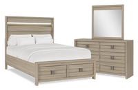 Ensemble de chambre à coucher Rocco 5 pièces avec lit de rangement illuminé à DEL, commode et miroir, brun clair - format grand lit