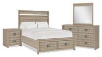 Ensemble de chambre à coucher Rocco 6 pièces avec lit de rangement illuminé à DEL, commode, miroir et table de nuit, brun clair - format grand lit