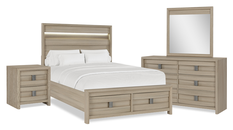 Ensemble de chambre à coucher Rocco 6 pièces avec lit de rangement illuminé à DEL, commode, miroir et table de nuit, brun clair - format grand lit