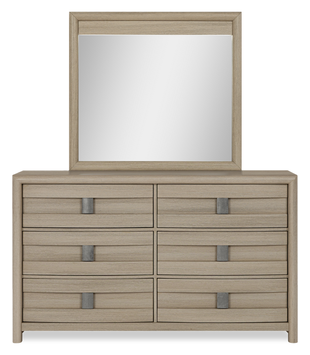 Ensemble de chambre à coucher Rocco 6 pièces avec lit de rangement illuminé à DEL, commode, miroir et table de nuit, brun clair - format grand lit