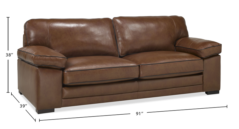 Sofa Rodeo de 91 po en cuir véritable de qualité supérieure avec coussins amovibles - marron