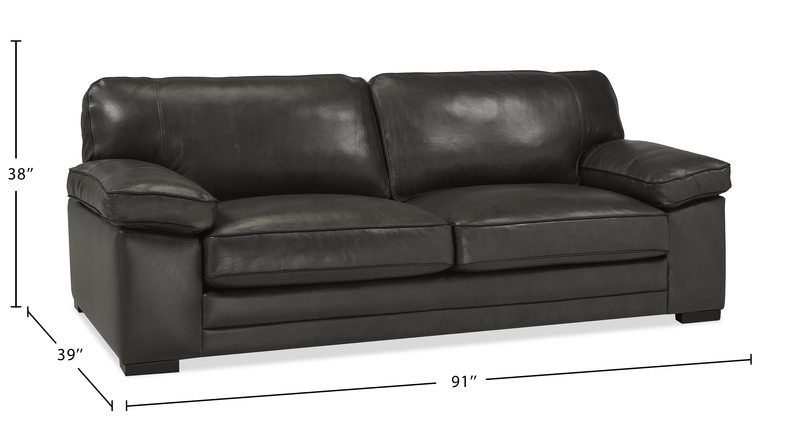 Sofa Rodeo de 91 po en cuir véritable de qualité supérieure avec coussins amovibles - anthracite