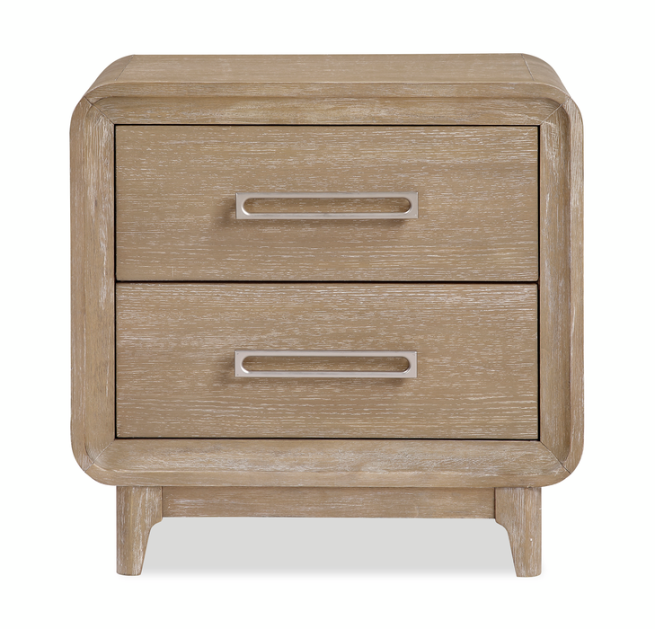 Ensemble de chambre à coucher Sasha 6 pièces avec lit en tissu, commode, miroir et table de nuit, brun chêne naturel - format grand lit