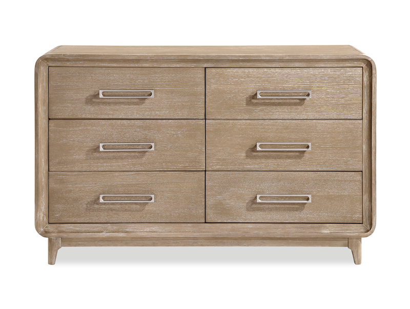 Ensemble de chambre à coucher Sasha 5 pièces avec lit en tissu, commode et miroir, brun chêne naturel - format grand lit