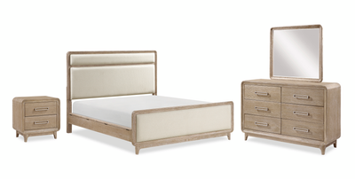 Sasha 6pc Bedroom Set with Fabric Bed, Dresser, Mirror & Nightstand, Natural Oak Brown - King Size | Ensemble de chambre à coucher Sasha 6 pièces avec lit en tissu, commode, miroir et table de nuit, brun chêne naturel - format très grand lit