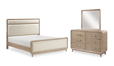 Sasha 5pc Bedroom Set with Fabric Bed, Dresser & Mirror, Natural Oak Brown - Queen Size | Ensemble de chambre à coucher Sasha 5 pièces avec lit en tissu, commode et miroir, brun chêne naturel - format grand lit